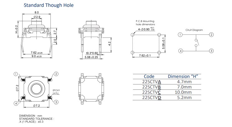 Mechanical Drawing - CTS Electronic Components 225C Tactile Switches Mechanical Drawing - CTS Electronic Components 225C Tactile Switches